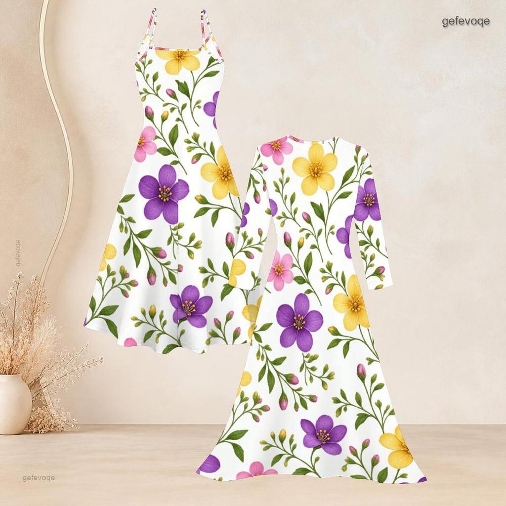 Women Plus Size Floral Print 2 Piece Set V Neck Strappy Flared Dress Long Sleeve Open Front Cardigan