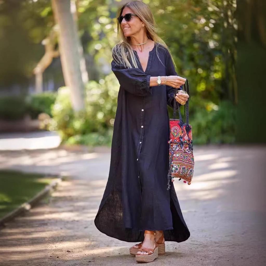 2026 Spring/Summer Women's Cotton Linen Long Sleeve Cardigan Dress