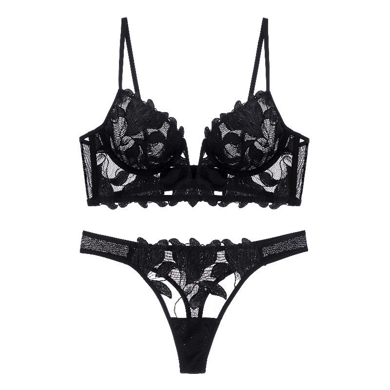 

French Lace Push-Up Bra Set with Lily Embroidery & Mesh L чёрный