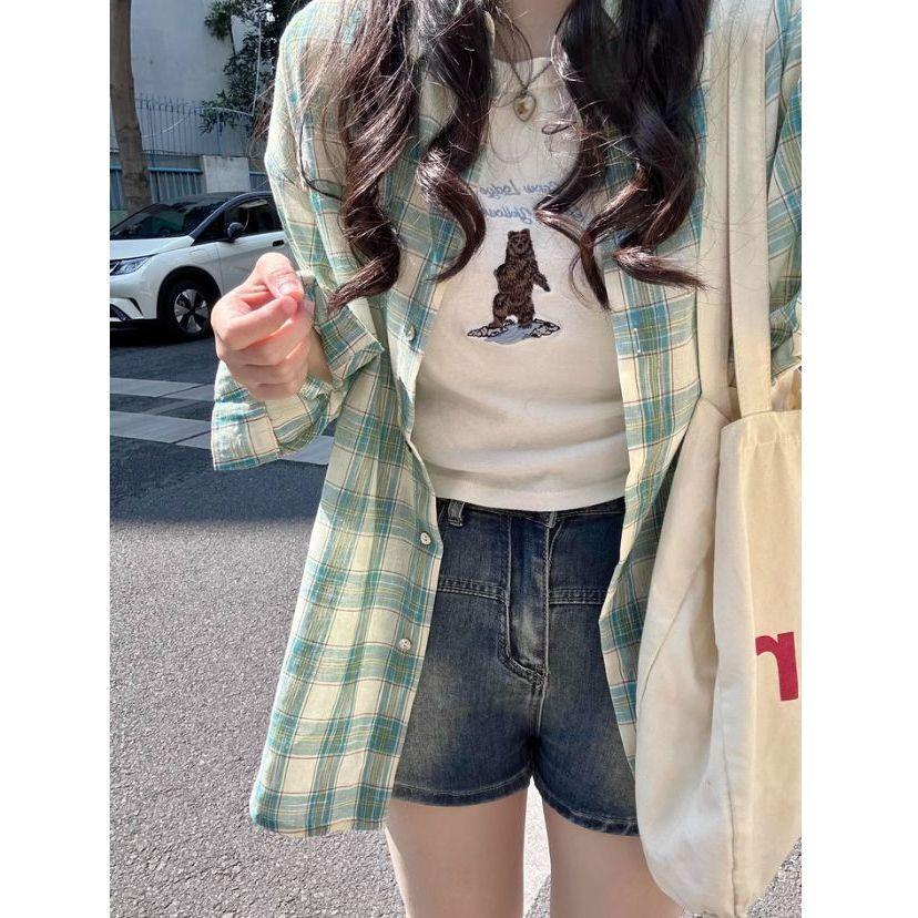 Korean Style Women's Plaid Blouse - Spring/Summer Casual Loose Fit with Sun Protection