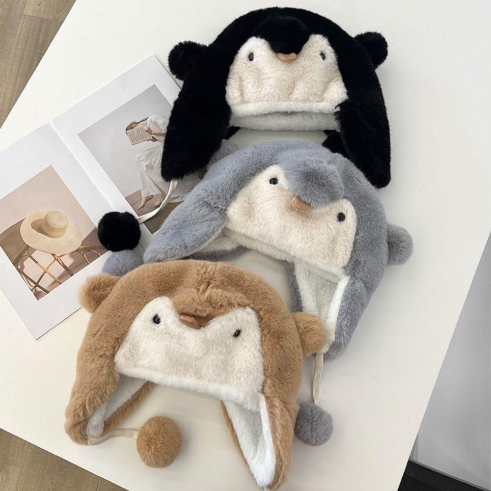 Cute Penguin Plush Hat Cold Protection Pullover Hat Sweet Beanies Caps  Kids Adult Gifts
