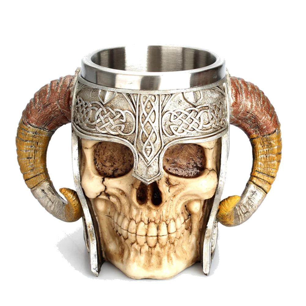 Edelstahl Totenkopf Tasse Bier Kaffee Tasse Wikinger Trinkbecher Skelett Harz Bier Tasse Halloween Geschenk Dekoration Ornament
