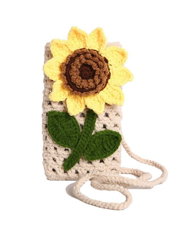 Sunflower Phone Bag Handmade Knitted Cotton Crossbody With Flower Design For Casual Wear