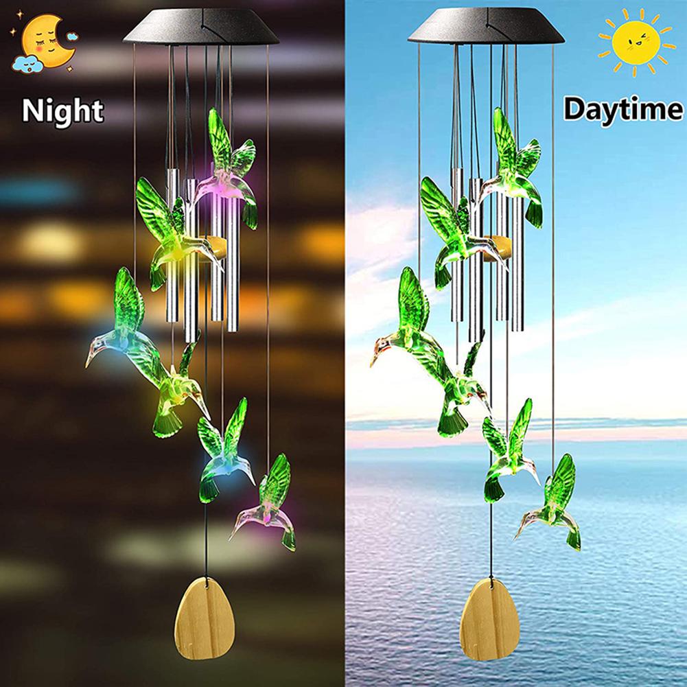 LED Solar Wind Chime Butterfly Crystal Windchime Hummingbird Color Changing Waterproof Outdoor Windchimes for Garden Decoration