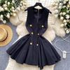 Summer V-neck Sleeveless Double Breasted Dress with Women's Niche Design High Waist A-line Vest Dress