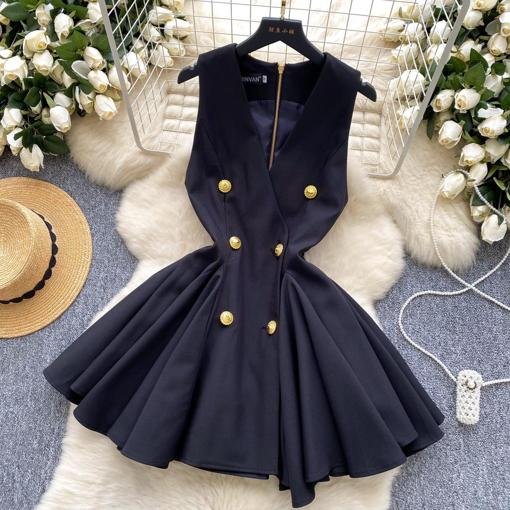 Summer V-neck Sleeveless Double Breasted Dress with Women's Niche Design High Waist A-line Vest Dress
