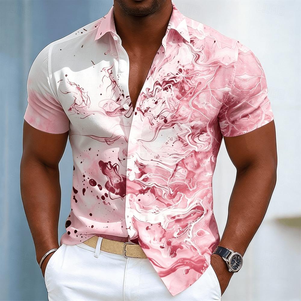 Men's ink swirl art print short-sleeve shirt, spring and summer casual abstract flowing pattern with buttons