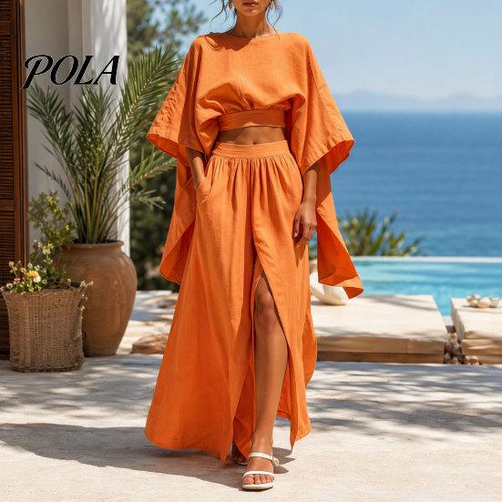 Casual Women Outfit Summer 2 Piece Outfits, Batwing Half Sleeve Crop Top Matching Set And High Slit Maxi Skirt Travel Vacation Sets Lightweight