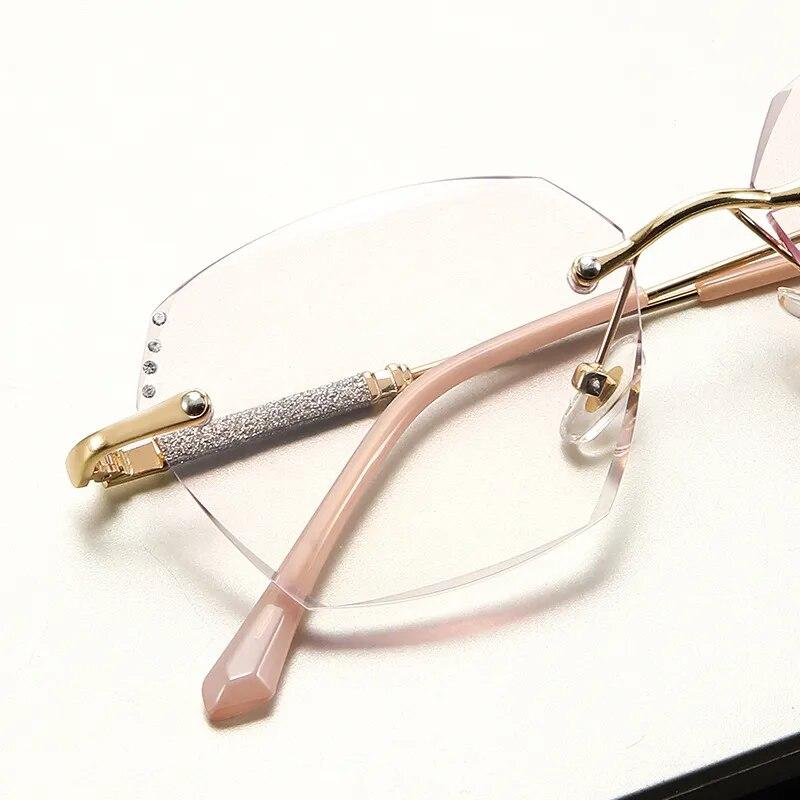 Women Rimless Cut‑Edge Reading Glasses, Sparkling Rhinestone Temple, Polygon Gradient Lens, Lightweight Presbyopic Glasses, 2 Colors Gold Silver
