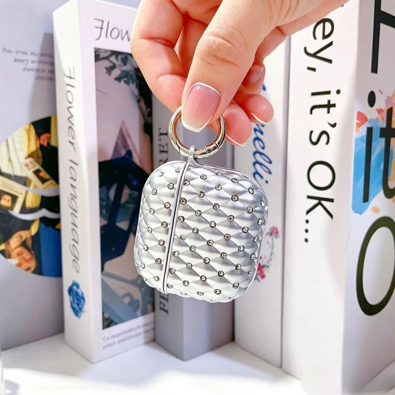Portable shiny rhinestone earphone case protective cover, silver quilted protective cover with keychain