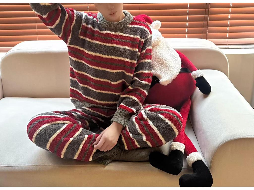 2025 Winter Women's Fluffy Velvet Pajama Set - Striped Color Block, Round Neck, Thickened for Christmas and New Year.