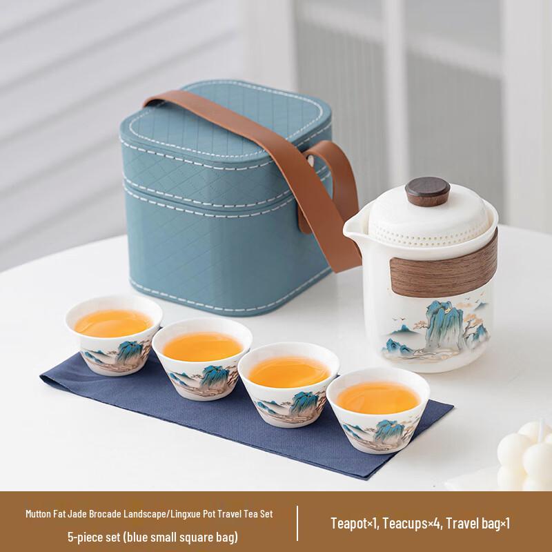 Hayuqi Mutton Fat Jade Porcelain Landscape Travel Tea Set
