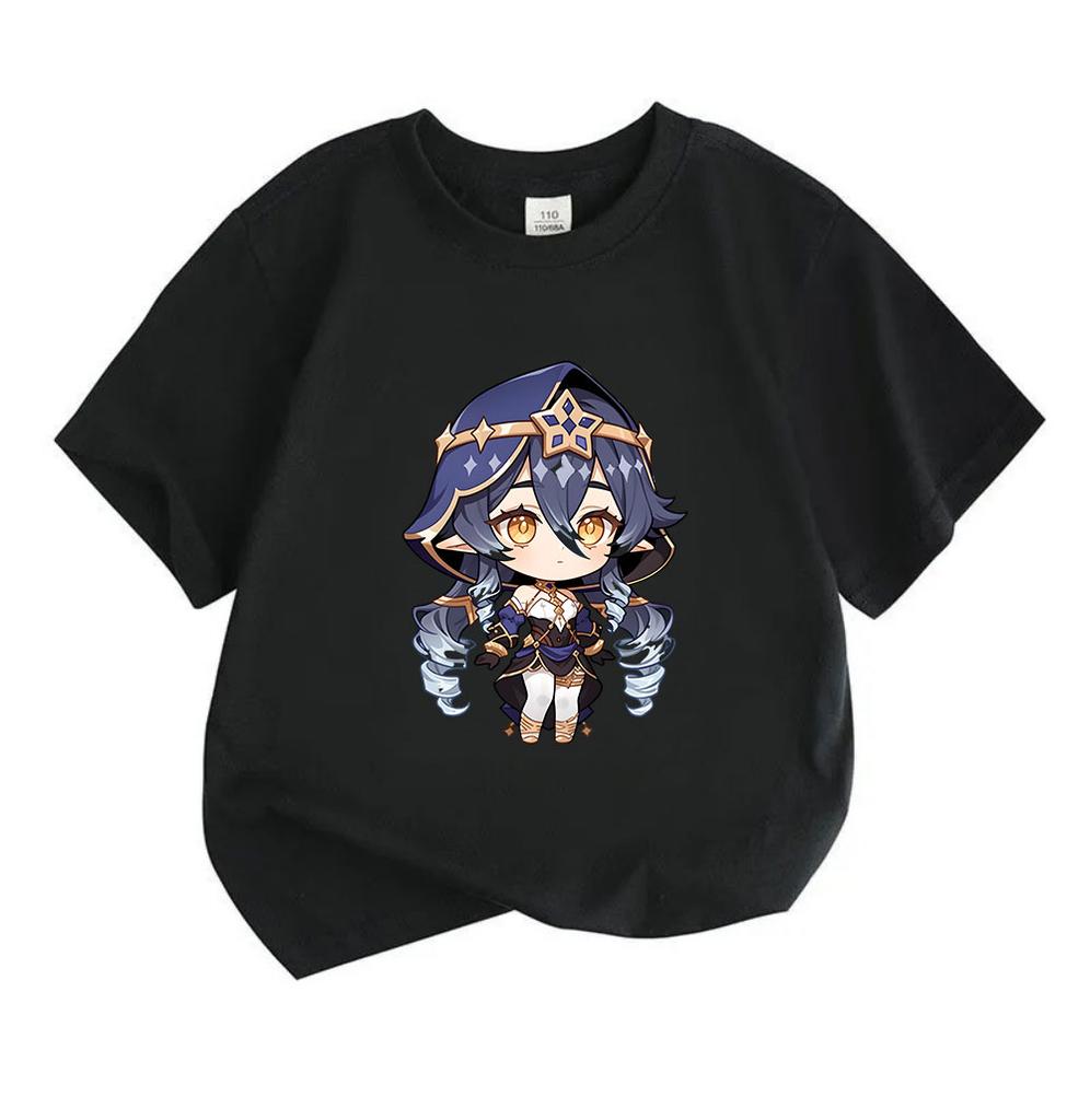 Kids Boys Girls 100% Cotton O-Neck Short Sleeve T-Shirt, Cute Chibi Anime Game Character Printed Casual Soft Breathable Daily Summer Tee Top for Child