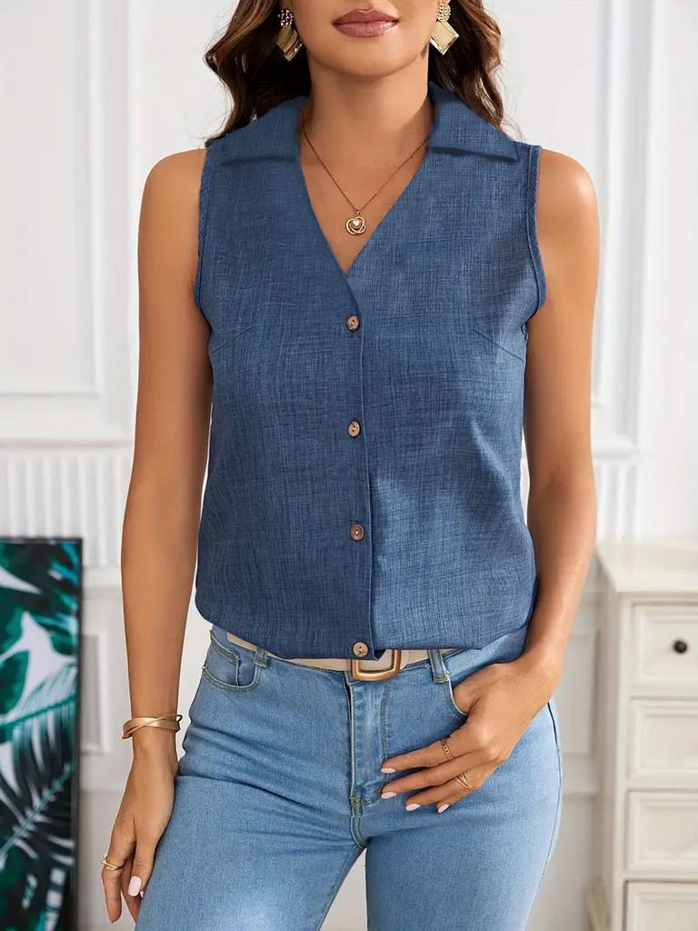 Summer new women's clothing, solid color V-neck loose chiffon shirt, sleeveless button-down vest shirt women's