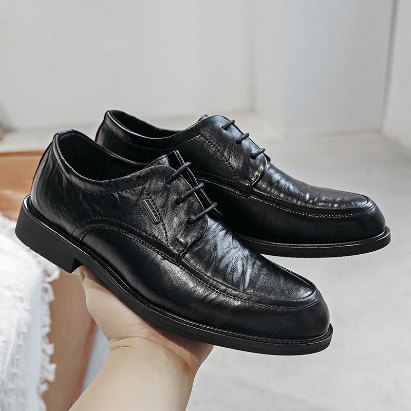 

Black leather shoes men s Korean version trendy men s business dress casual shoes round head lace-up leather shoes 38 чёрный