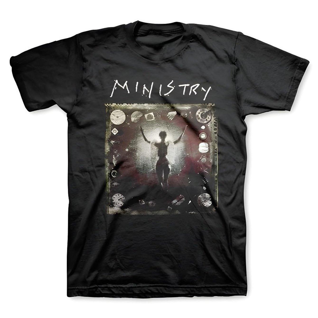 Ministry Industrial Metal Band TShirt Heavyweight 220gsm Black Tee with Bold MINISTRY Logo Lettering Loose Fit Unisex S