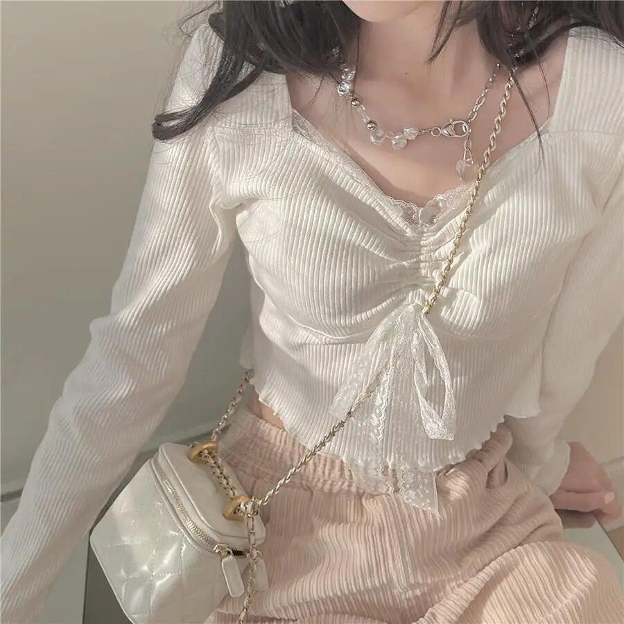 Long Sleeve T-shirts Women Square Collar Slim Solid Shirring Cropped Chic Korean Pure Color Tops Vintage Ins Feminino Newest