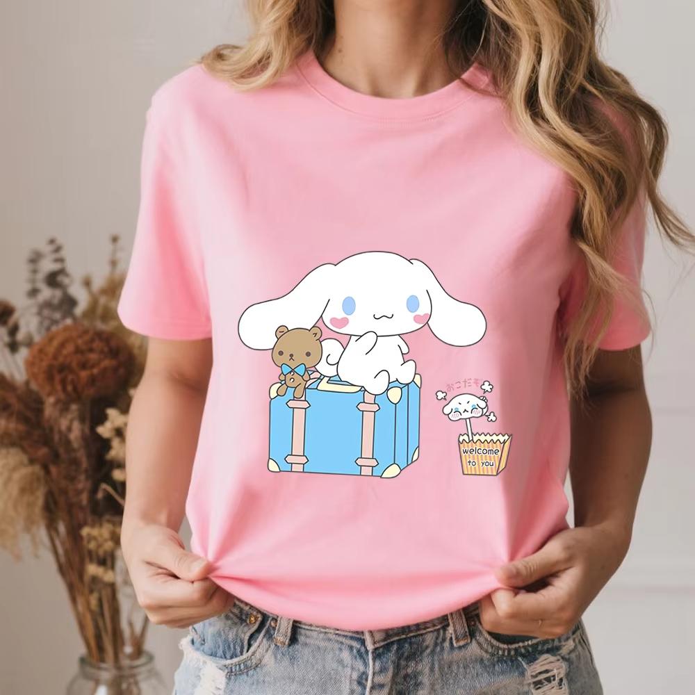 

2026 Summer Cinnamoroll Travel Time Print Cotton T Shirt for Women Casual Comfort Soft Daily Wear Top S