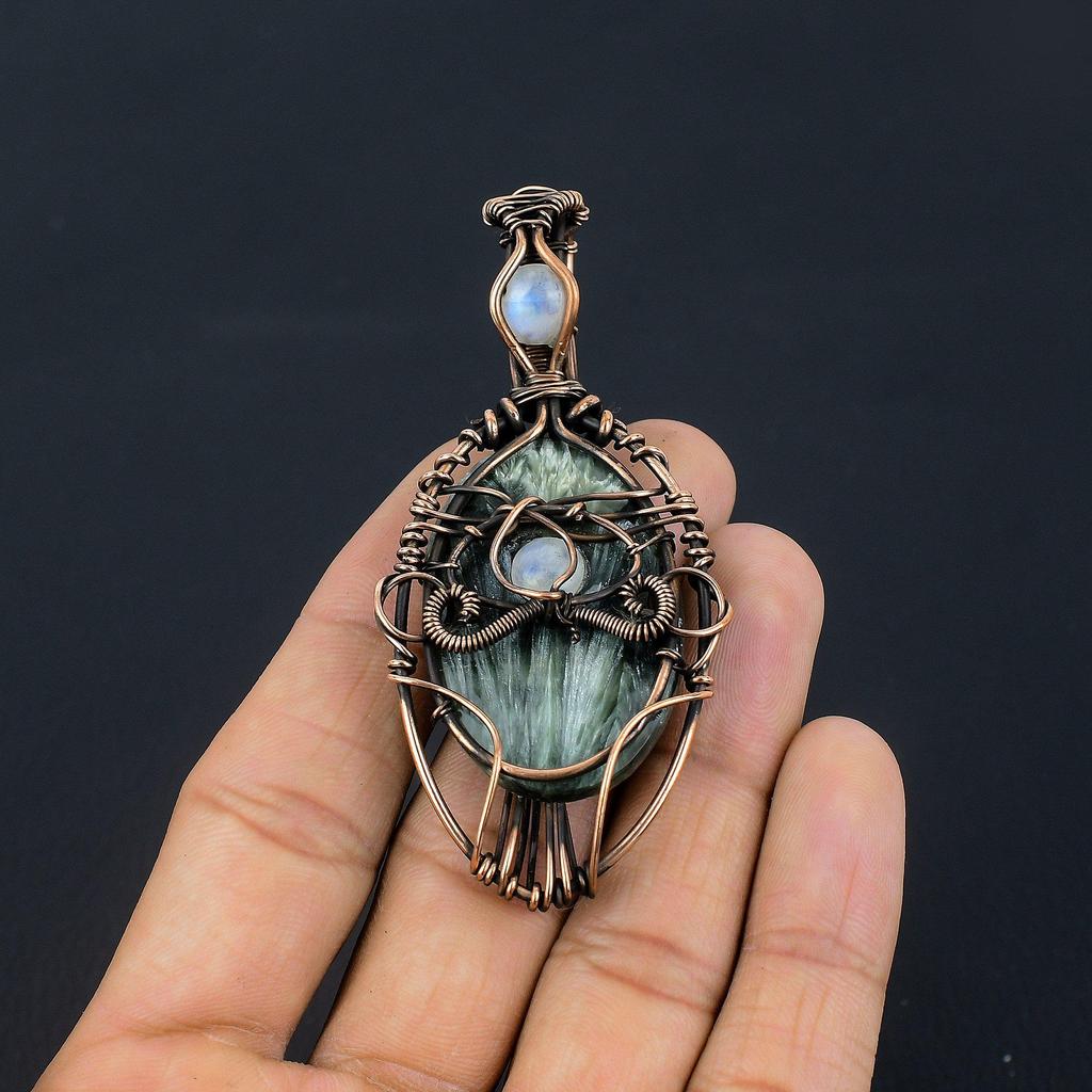 Seraphinite & Moonstone Pendant, 999 Copper Wire Wrapped Gemstone Jewelry, Handmade Evil Eye Pendant, For Thanksgiving