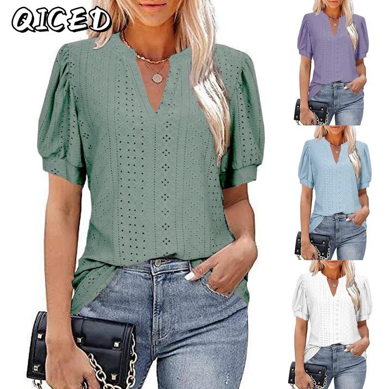 QICED Moda feminina casual cor sólida estampa manga curta blusas e camisas com decote em V