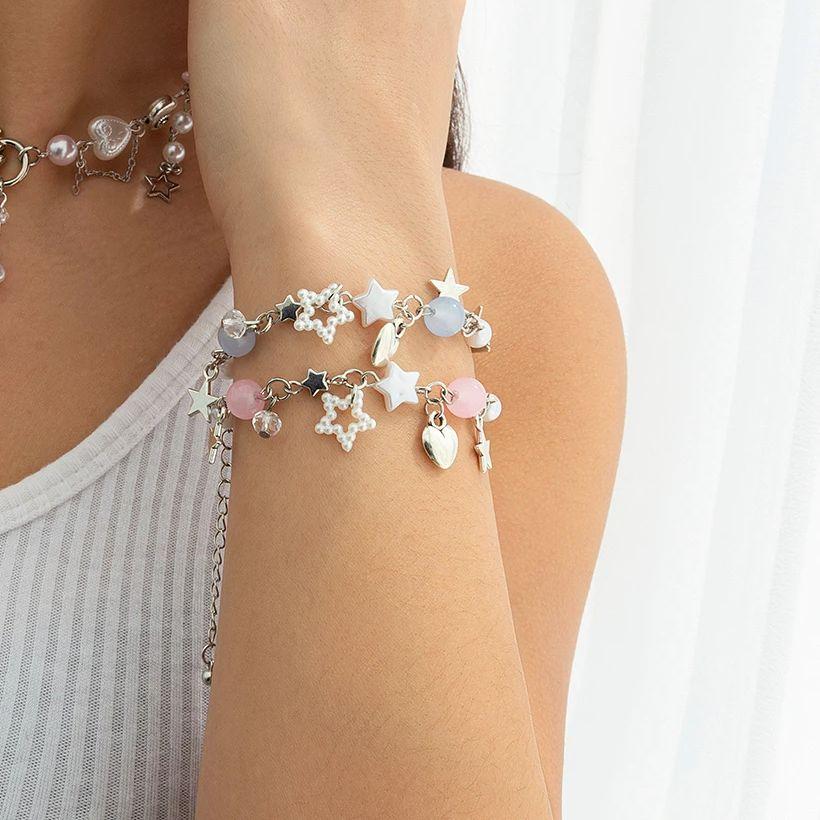 Ingemark Sweet Romantic Star Heart Pendant Bracelet Women Exquisite Imitation Pearls Crystal Glass Beads Bracelets Party Jewelry