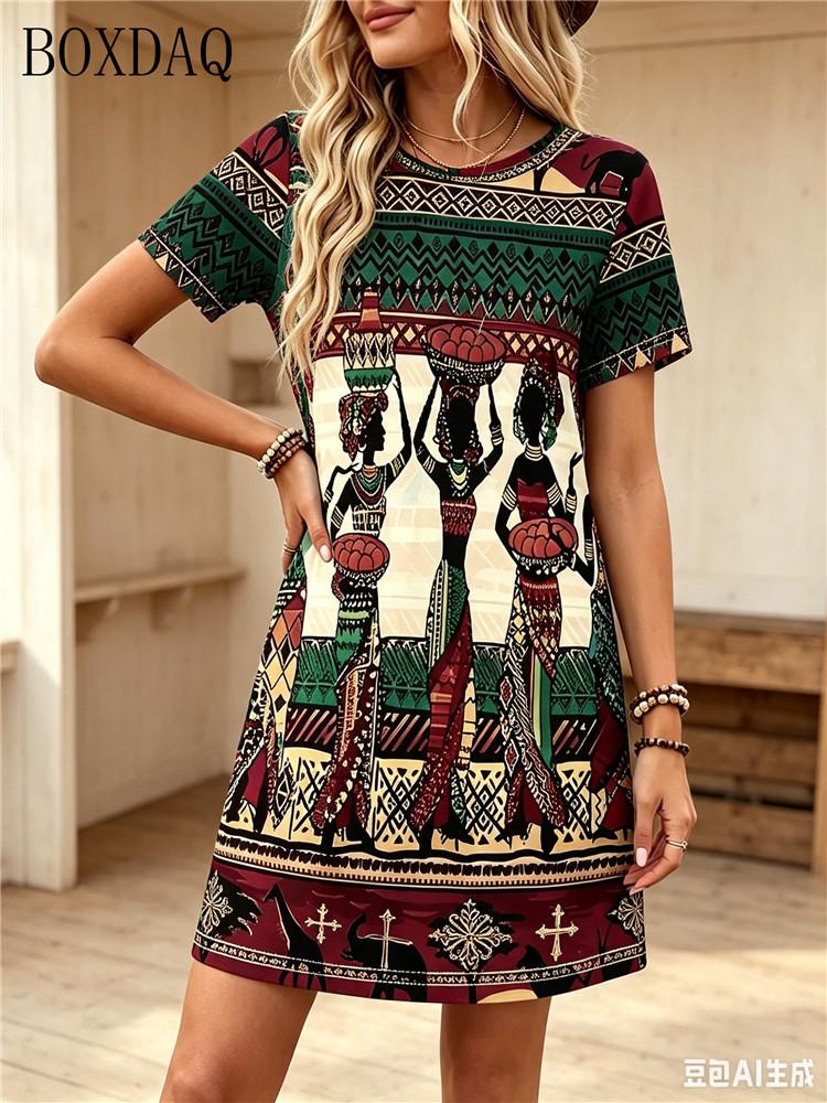 Summer Women's Casual Dress Short Sleeved Round Neck Ethnic Style Printed Loose Dress