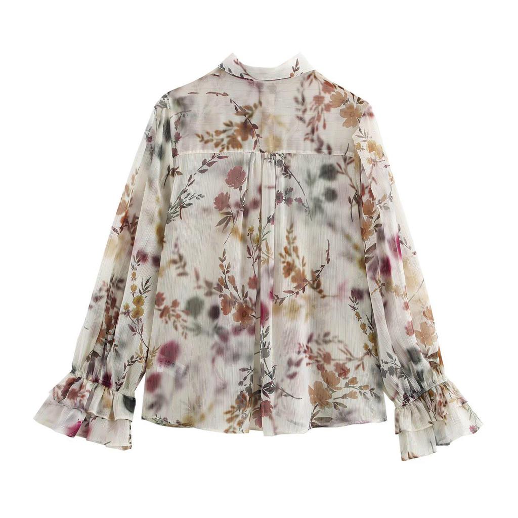 Spring 2025 Women's Casual Metallic Thread Print Shirt