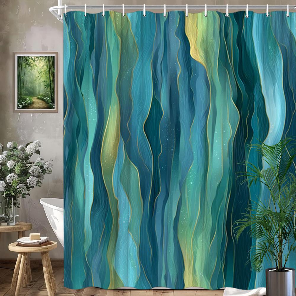 Abstract Ocean Waves Shower Curtain  Blue Teal Green Gradient with Golden Lines, Fluid Art Bath Curtain for Modern Home Decor 90X180cm(35x70in)