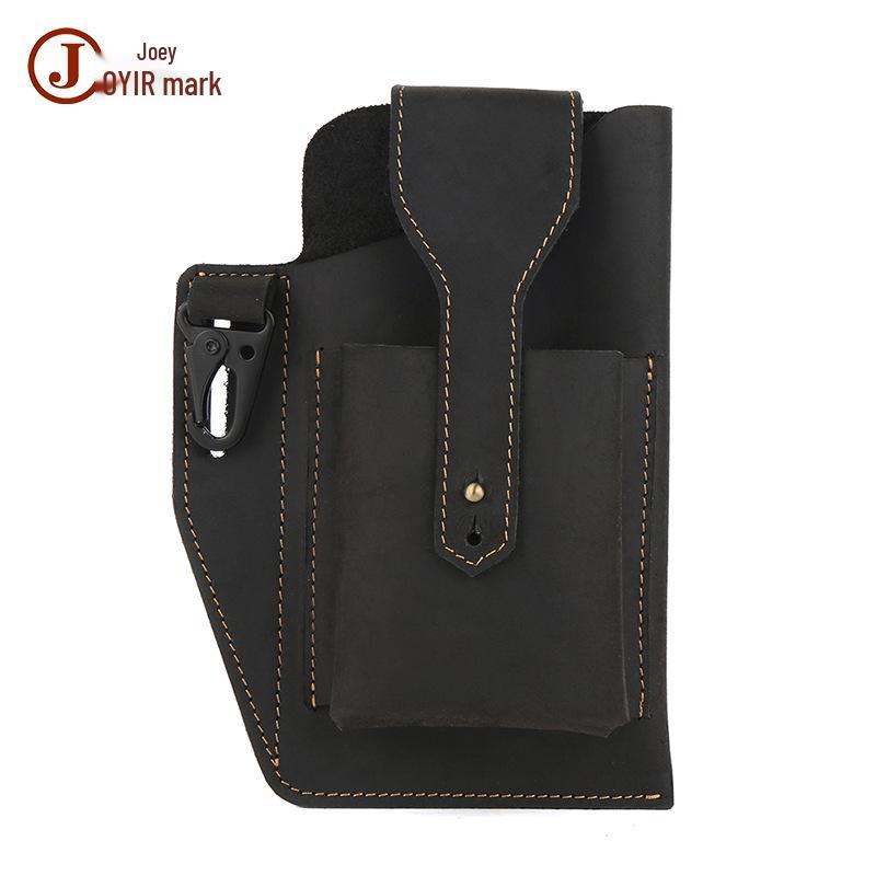 Men's Vintage Genuine Leather Phone Bag - Vertical Style, Durable Crazy Horse Leather, Belt Waist Bag for Work Use