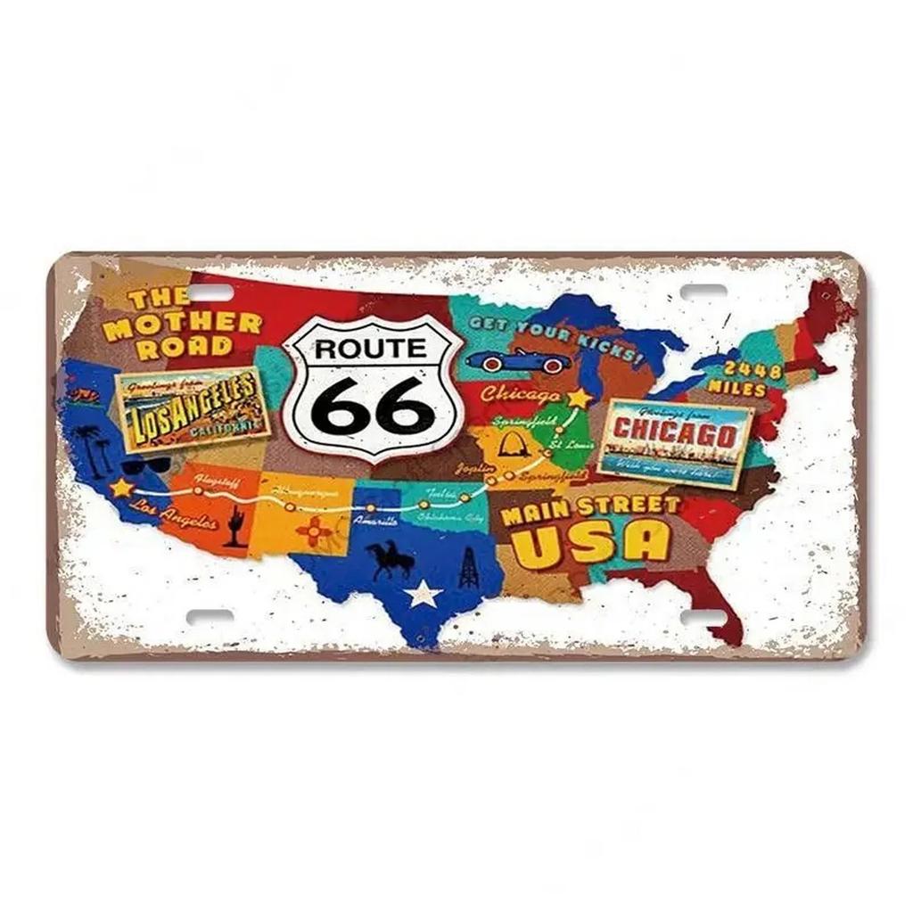 Route 66 License Plate for Wall Art Decoration Metal Tin Signs Vintage Tags Metal Automotive Signs For Cafe Bar Club Garage Pubs