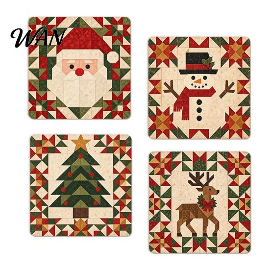 Winter Holiday Housewarming Gifts 4Pcs Christmas Coasters Set, Non-slip Wood Cup Mats with Cork Base Tree Drink for Hot Drinks, Decorative Patchwork