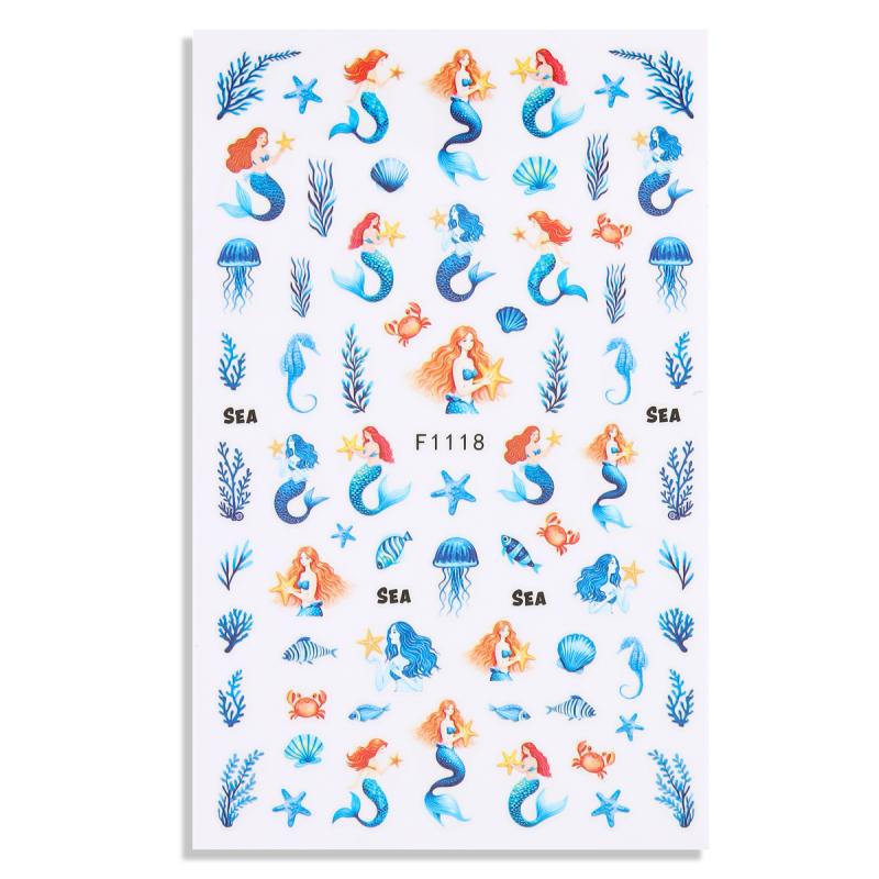 1 Sheet Holographic Jellyfish Dolphin Nail Art Stickers 3D Mermaid Ocean Shell Nail Decals Adhesive Ocean Beach Designs Nails