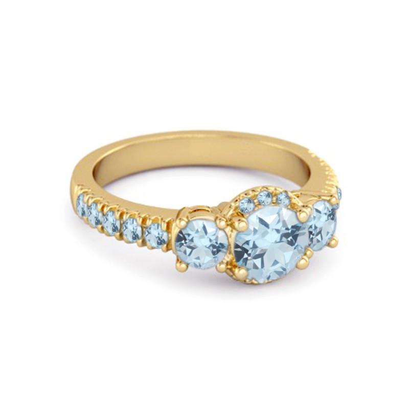 Blue Topaz Three-Stone Halo Pavé Band Ring -925 Sterling Silver Gold Vermeil