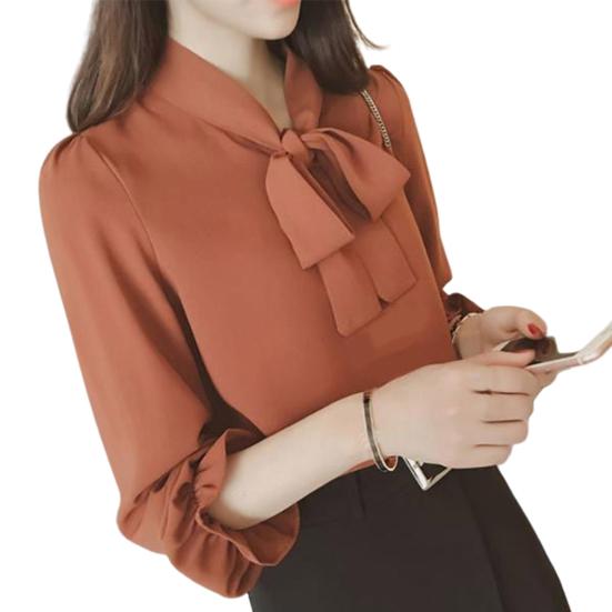 

Women Fashion Solid Color Long Puff Sleeve Blouse Buttons Necktie Bowknot Shirt L