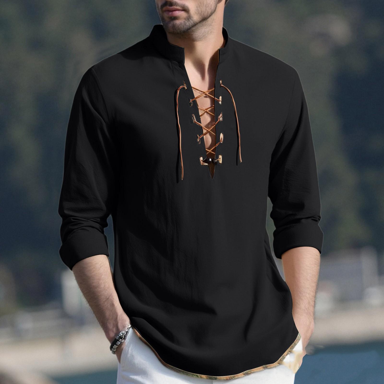 

Мужской повседневный и модный хлопково-льняной однотонный с круглым вырезом и длинными рукавами M чёрный