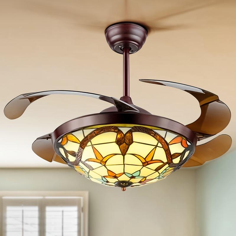 42-inch Retractable Ceiling Fan with Lamp and Remote Control Double-sided Chandelier Style
