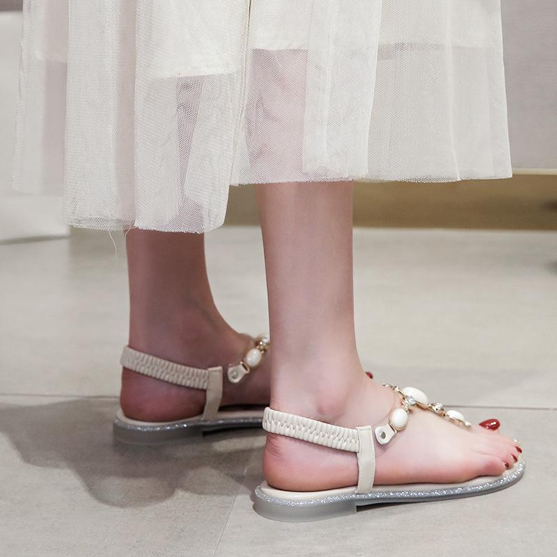 Fashion rhinestone chains thong sandals women soft bottom elastic band transparent sandalias mujer 34-43 big size crystal summer shoes