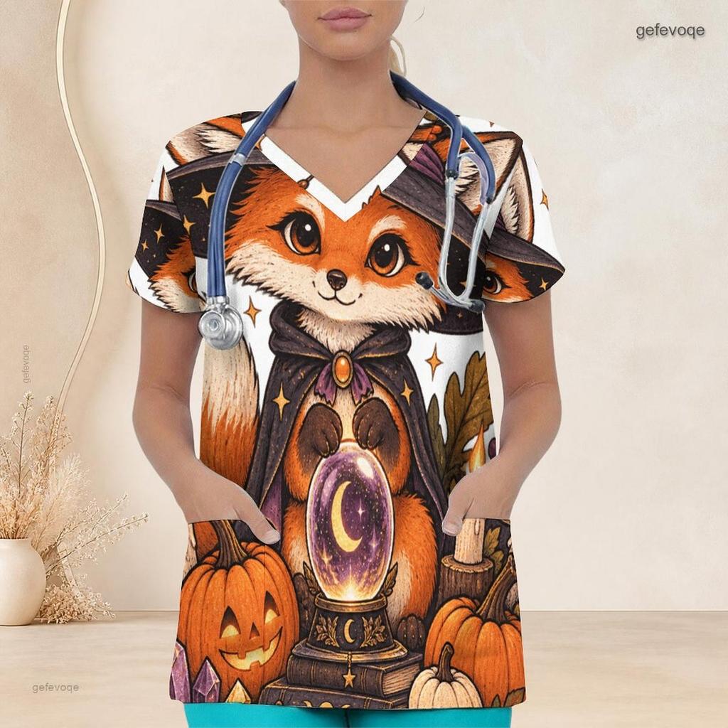Women Plus Size Nurse Scrub Top V Neck Short Sleeve Halloween Fox Printed Front Pockets