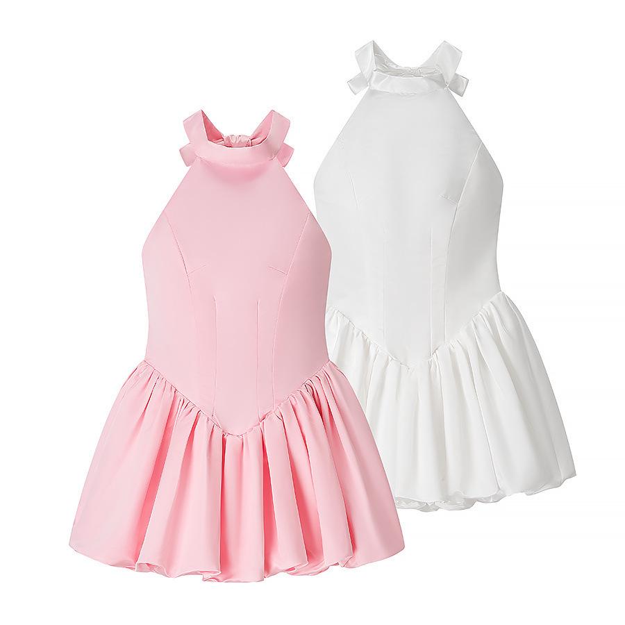 Elegant Women's European & American Style Waist-Cinching Dress with Bow Tie and Puffy Skirt