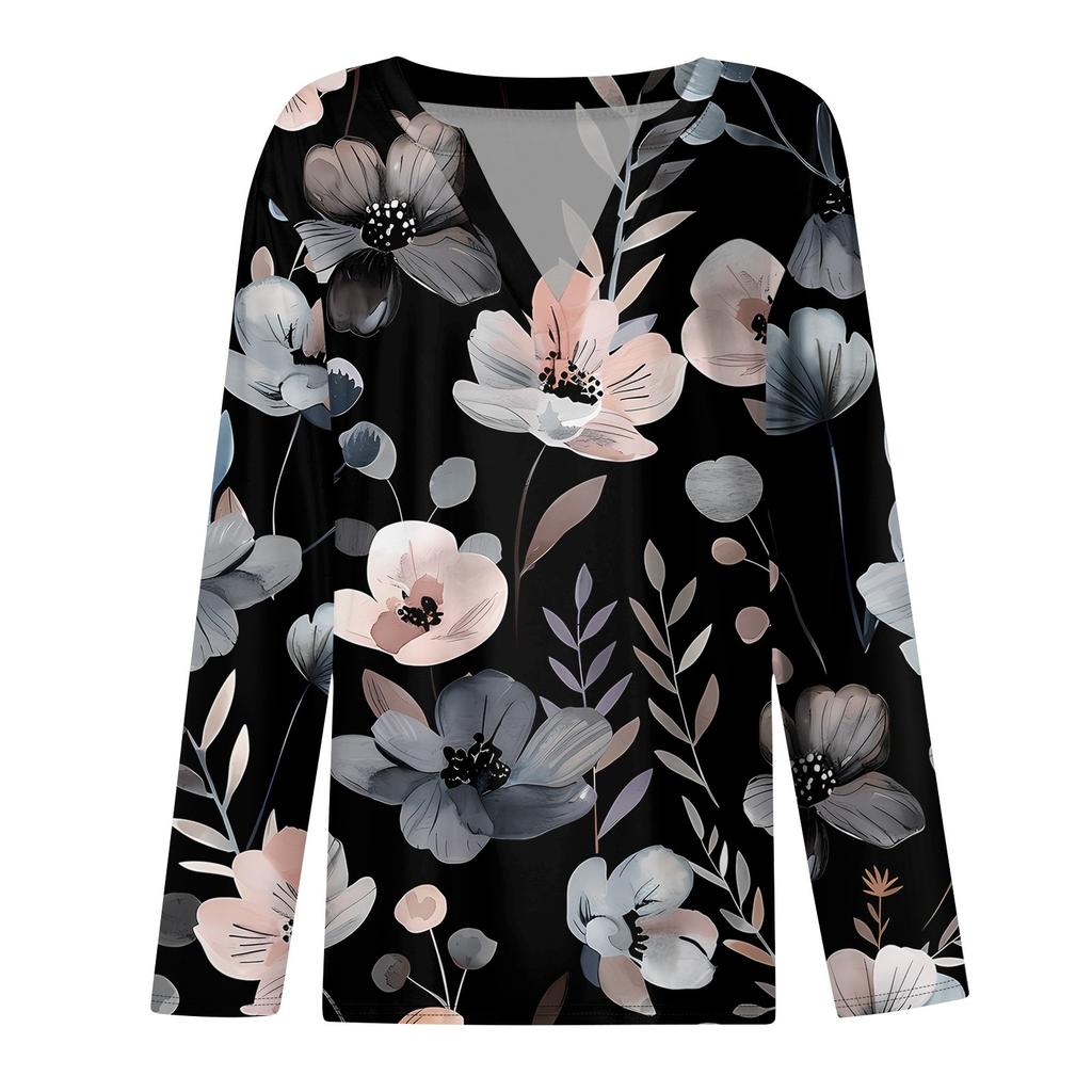 Damska koszulka z nadrukiem z długim rękawem, codzienna, weekendowa, modna, podstawowa, dekolt w serek, regularna góra