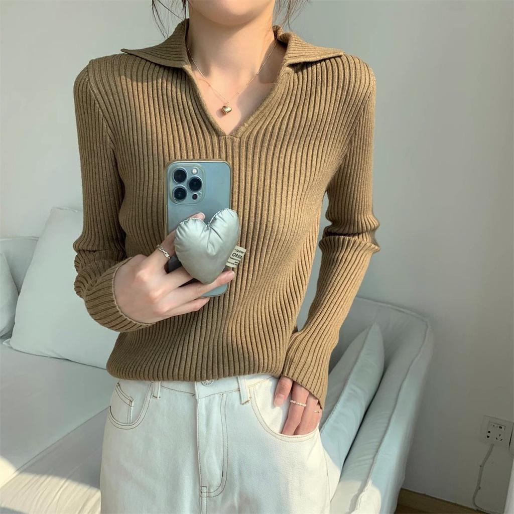Autumn Winter Women's Polo Collar Knit Sweater Slim-fit Long Sleeve Solid Color Pullover Sweater Stretch Knit Polo Top