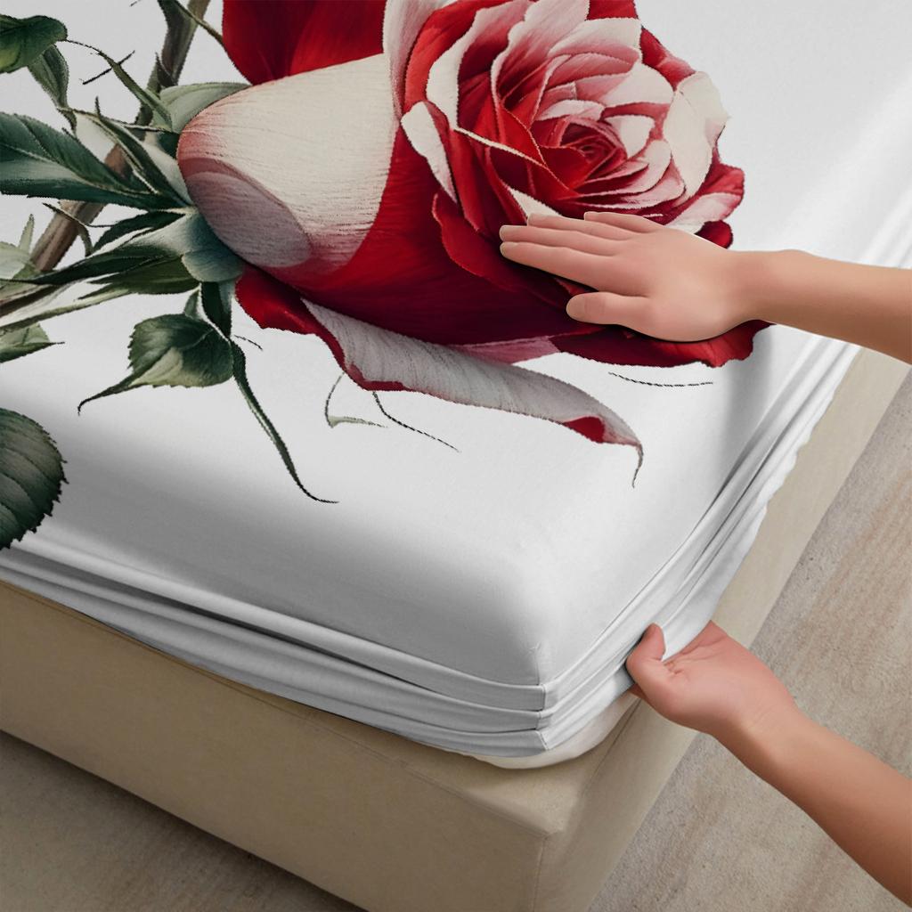 1pc White Red Rose 3D Printed Fitted Sheet 100% Polyester Durable Bedding Set Sheet for Home Bedroom Decoration Birthday Gift