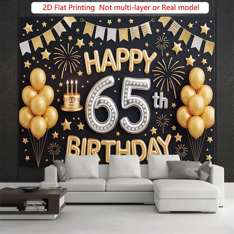 2D Black & Gold 65th Birthday Backdrop, Classic Themed 65th Birthday Photography Background