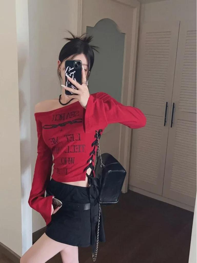 Women's Off-Shoulder Tie-Strap Long-Sleeve Top