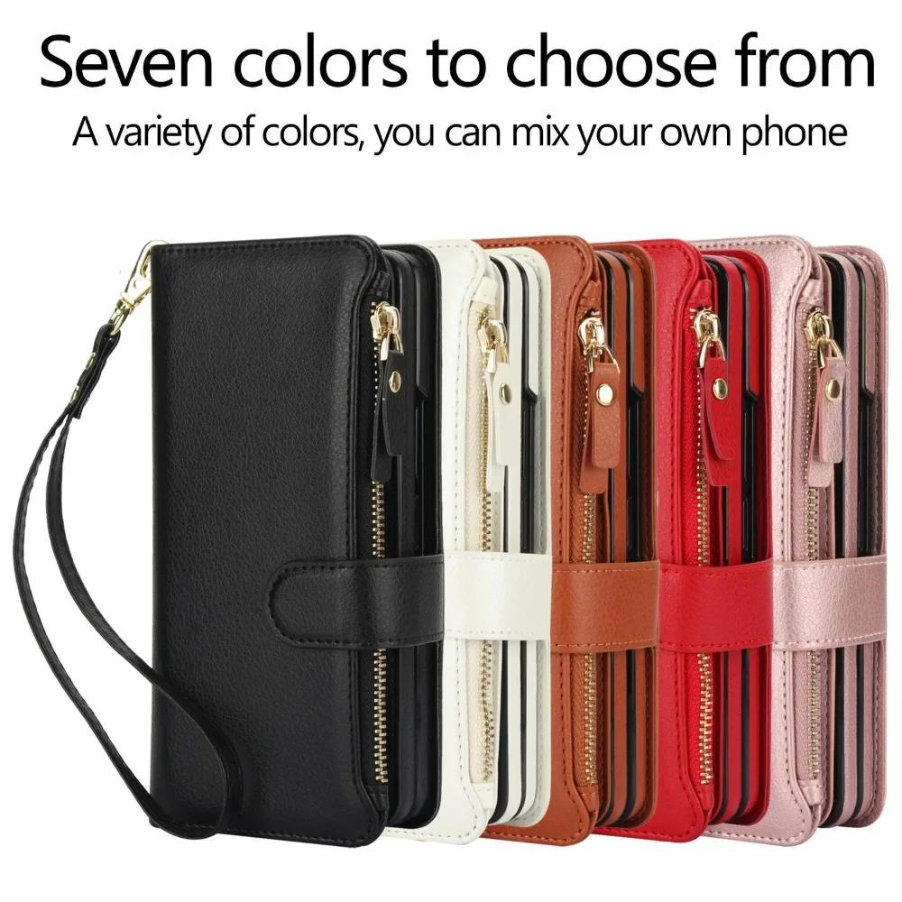 Crossbody Lanyard Leather Phone Case for Samsung Galaxy Z Fold 3 4 5 6 7 with Wristband Wallet Card Holder Protective Cover