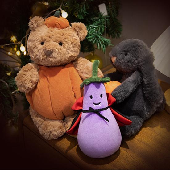 Cute Black Bear Doll with Pumpkin Clothes Earphone & Cloak Eggplant Stuffed