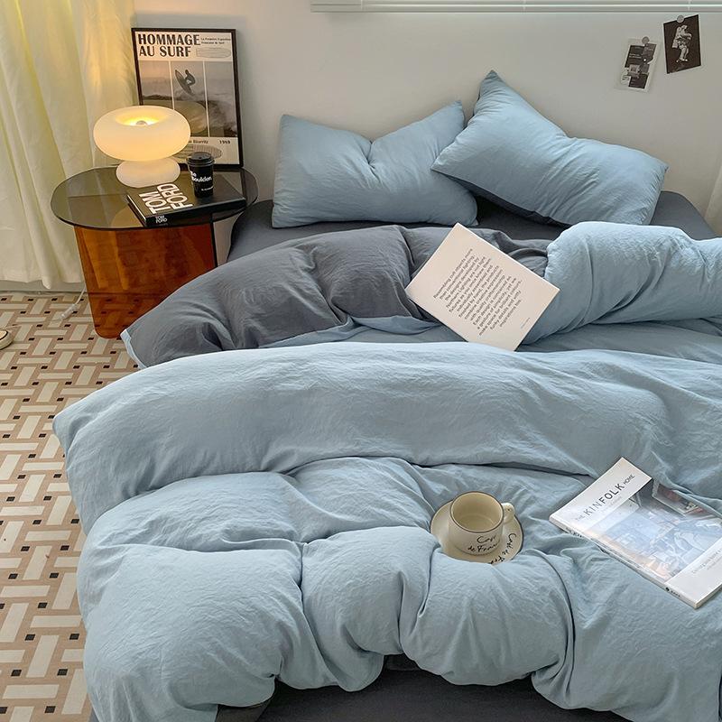 Four-piece Set for Sleeping Naked On Winter Bed, Washed Cotton Sheets, Quilt Cover, Fitted Sheet, Three-piece Set for College Dormitory