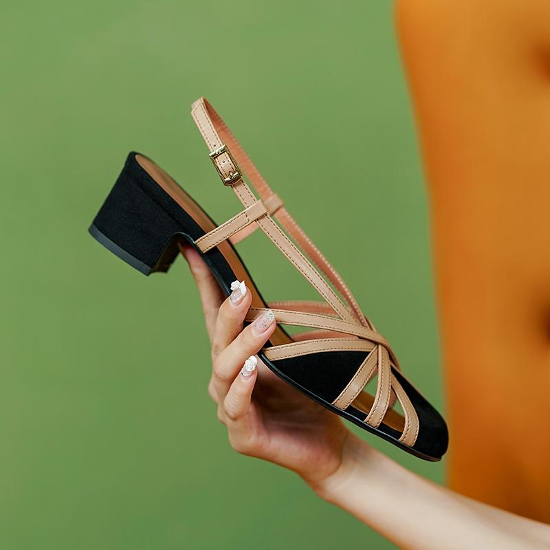 VANGULL Brand Women's Sandals Retro Low Square Toe Thick Heel Baotou Color Matching Women's Shoes