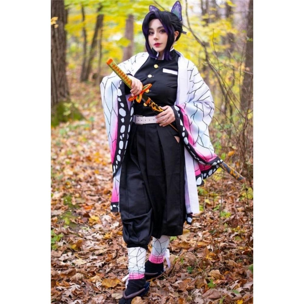 Anime Demon Slayer Kimetsu No Yaiba Kochou Shinobu Cosplay Kostýmní sada paruk Kimono Jednotné halloweenské anime kostýmy pro dospělé děti