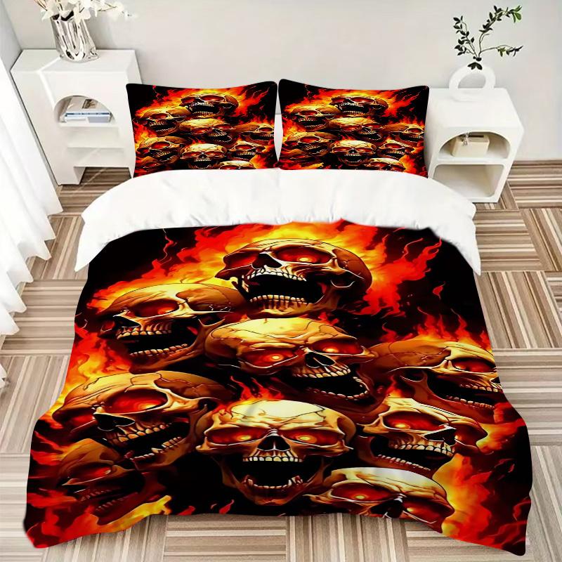 3pcs Anime Skulls Fire Print Comforter Set with 1 Quilt Cover & 2 Pillowcases (No Core) - Home Decor, Festival Gift, Polyester Fabric, Anime Cartoon D